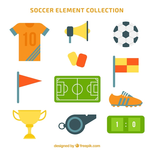 Soccer elements collection with equipment in flat style