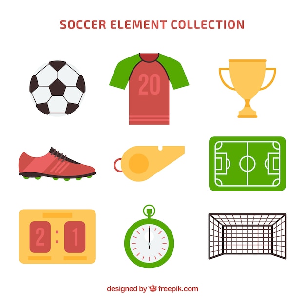 無料ベクター フラットスタイルの装備によるサッカーの要素のコレクション