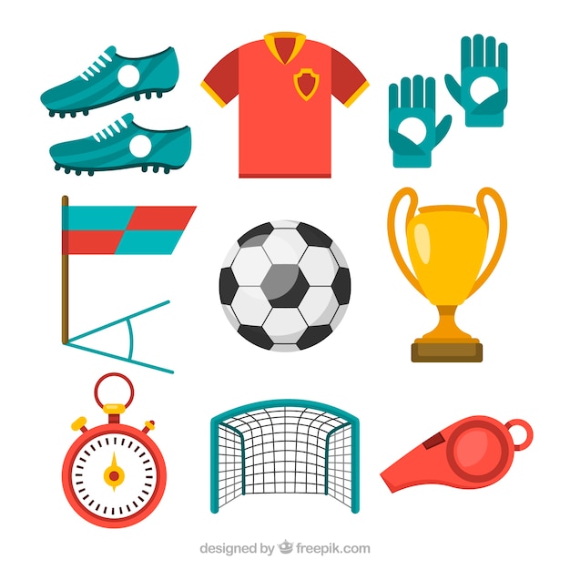 Бесплатное векторное изображение Сбор футбольных элементов с оборудованием