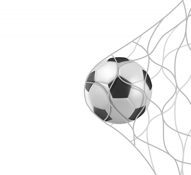 Soccer football ball in goal net isolated on white