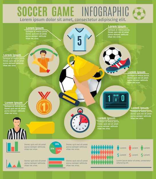 Soccer game infographic set with sport trophy symbols and charts