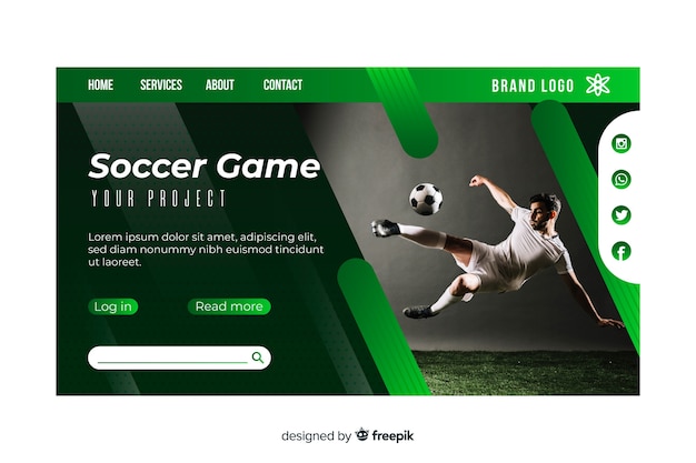 Free vector soccer game sport landing page with photo