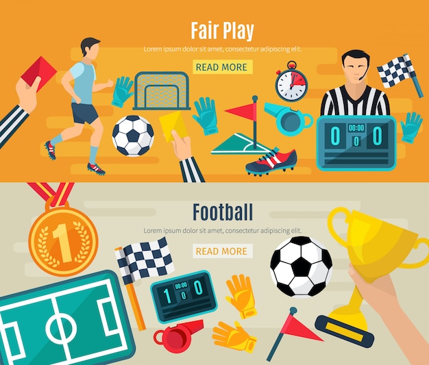 Soccer horizontal banner set with fair football play elements isolated