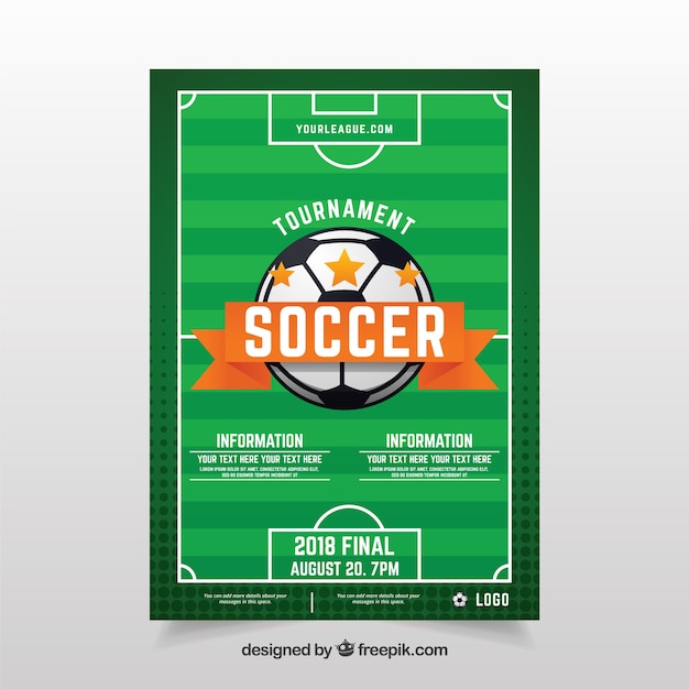 Free vector soccer league flyer with ball and field in flat style