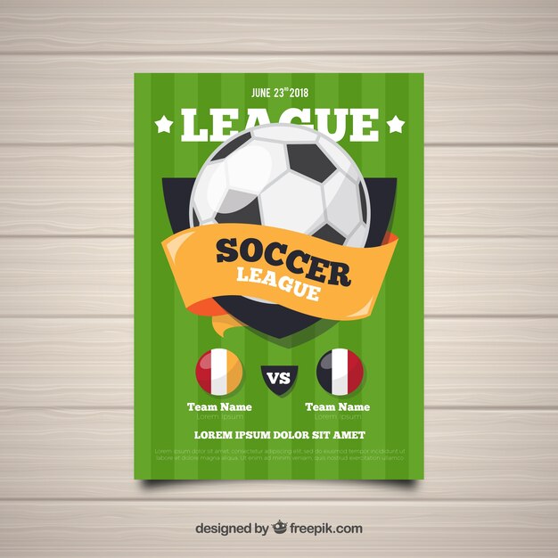 Soccer league flyer with ball in flat style