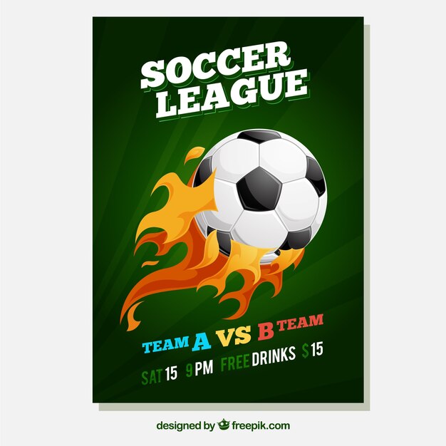 Soccer league flyer with ball in flat style