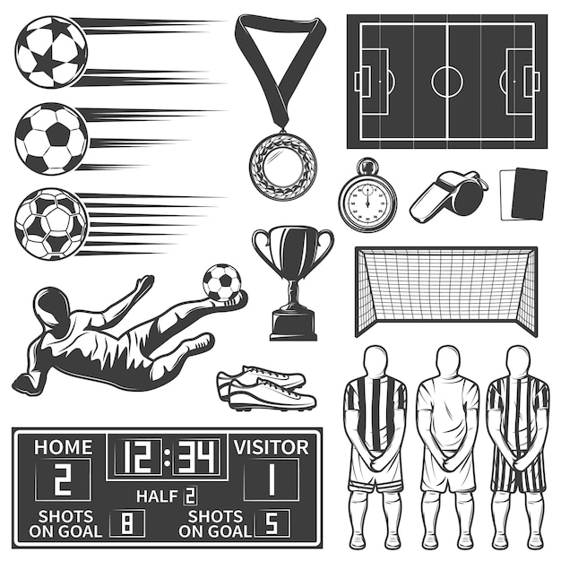 Free vector soccer monochrome elements set with team during penalty sports equipment football boots referees objects isolated