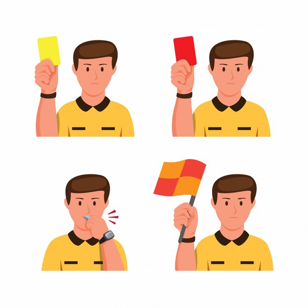 サッカー審判ジェスチャーコレクションアイコンセット漫画フラットイラスト プレミアムベクター