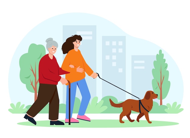高齢者介護のコンセプト若い女性ボランティアが年配の女性が犬と一緒に歩くのを手伝う
