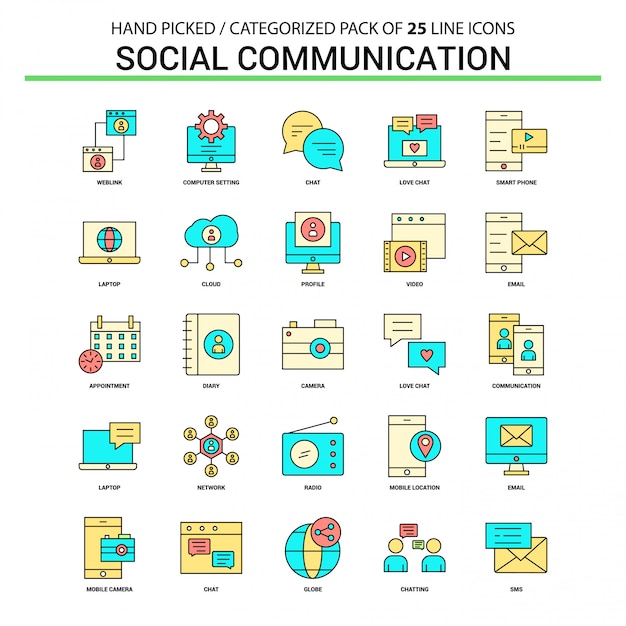 Social Communication Flat Line Icon Set 