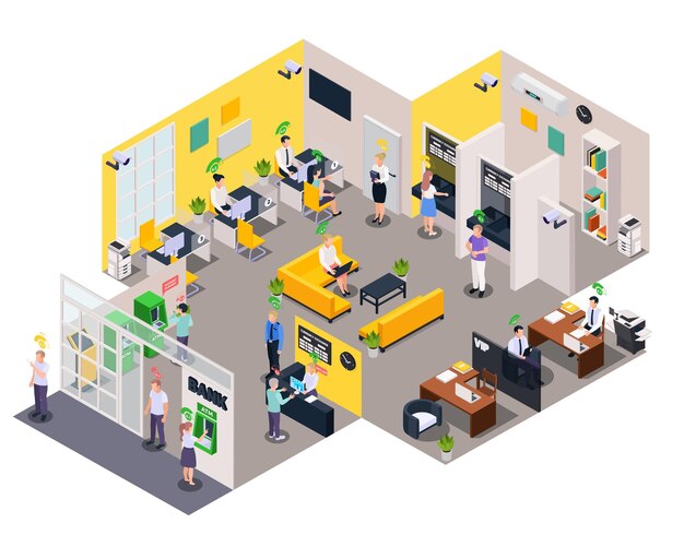 Social credit score system isometric composition with view of office people characters and rating level pictograms  illustration