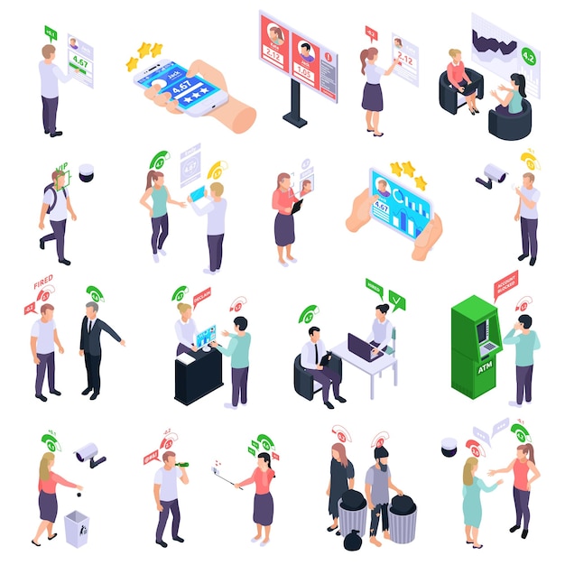 Free vector social credit score system isometric icons set of isolated human characters with symbols and rating pictograms vector illustration