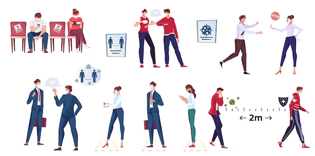 Free vector social distance set with isolated characters of people at safe amount of distance with flat icons vector illustration
