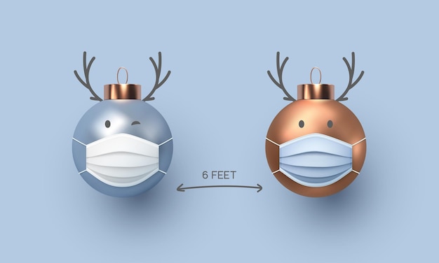 Концепция социального дистанцирования, милые новогодние шары с оленьими рогами в медицинских масках. Животный персонаж в реалистичном стиле. Коронавирус, защита от Covid-19.