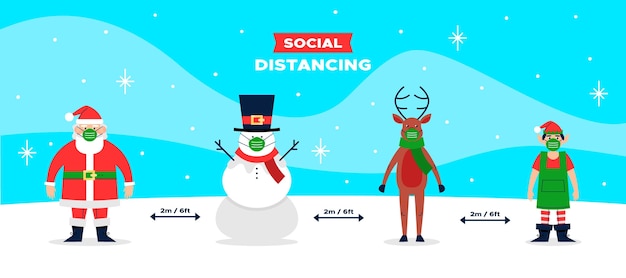 Free vector social distancing concept with christmas characters