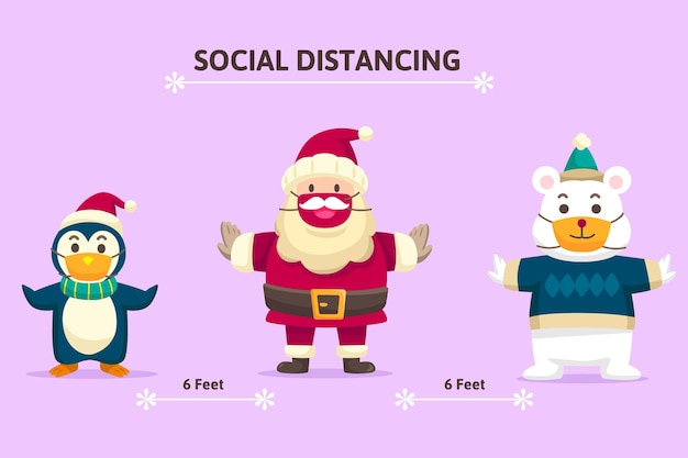 Social distancing concept with christmas characters