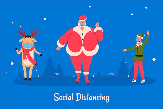 無料ベクター クリスマスのキャラクターと社会的な距離の概念