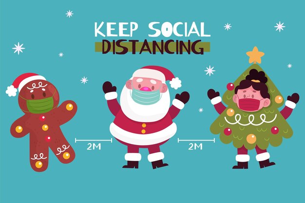 Social distancing concept with christmas characters