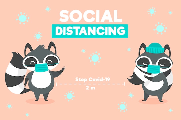 Free vector social distancing concept with cute animals