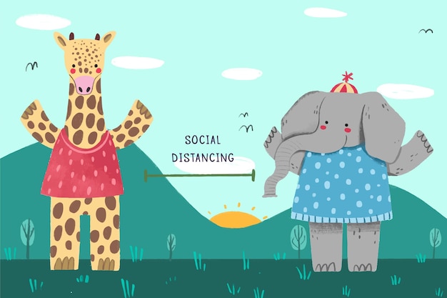 Free vector social distancing concept with cute animals