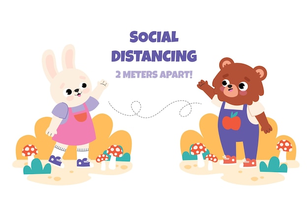 Free vector social distancing concept with cute animals