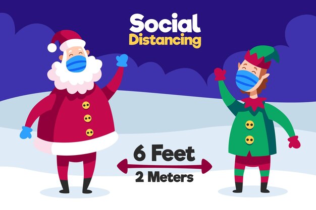 Social distancing concept with santa and elf