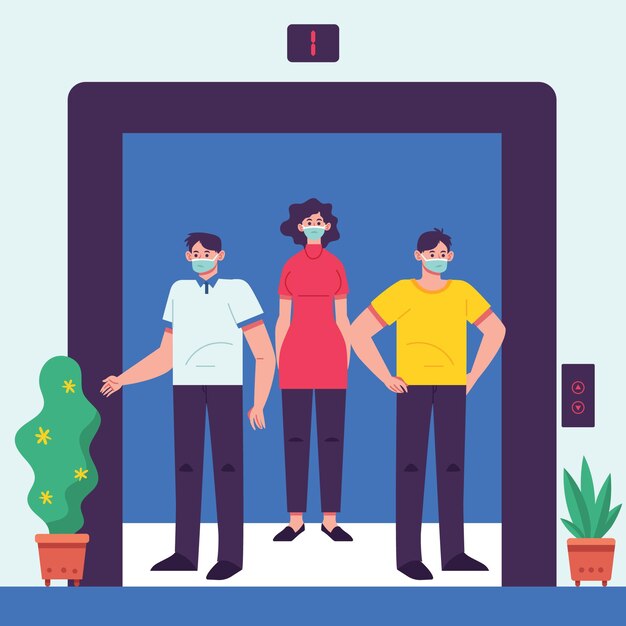 エレベーターでの社会的距離のイラスト 無料のベクター