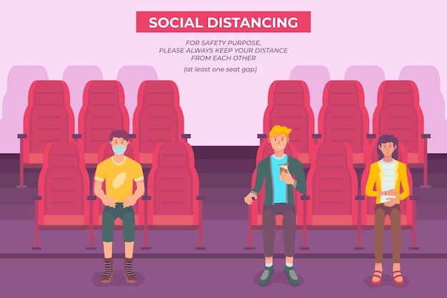 Бесплатное векторное изображение Социальное дистанцирование в кинотеатрах проиллюстрировано