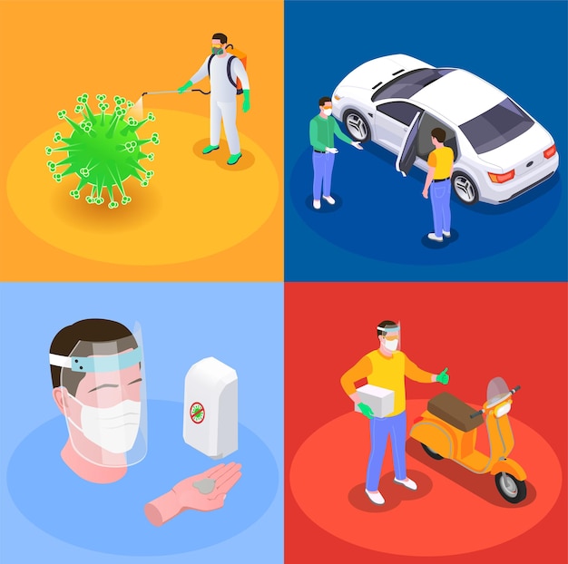 Free vector social distancing isometric illustration set