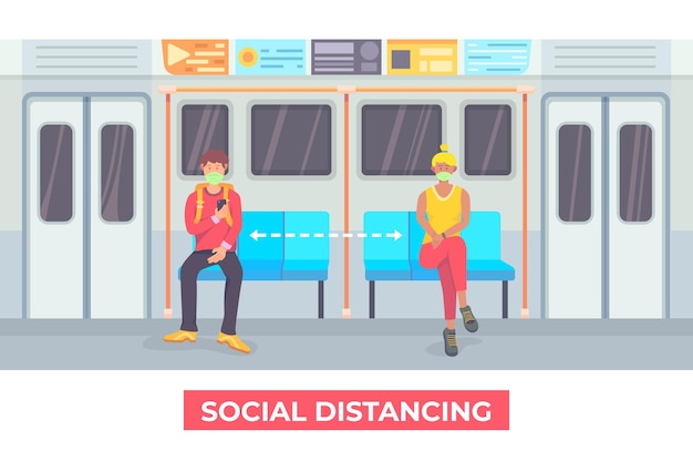 Vettore gratuito illustrazione della distanza sociale nei trasporti pubblici