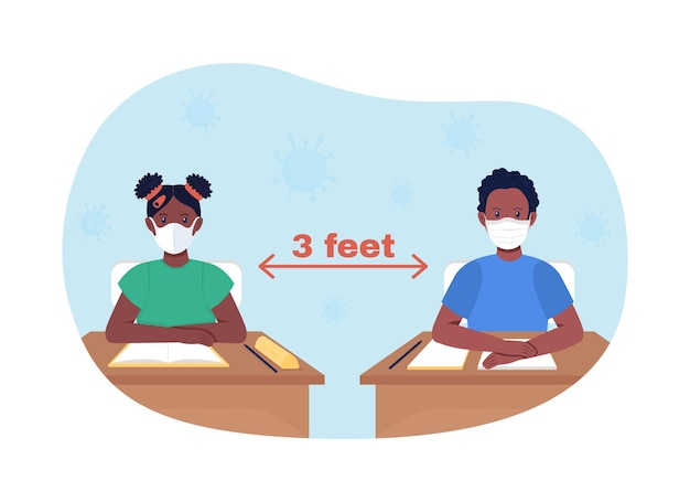 Social distancing in school 2d vector isolated illustration. preschoolers during quarantine. children in mask at table flat characters on cartoon background. safe education colourful scene