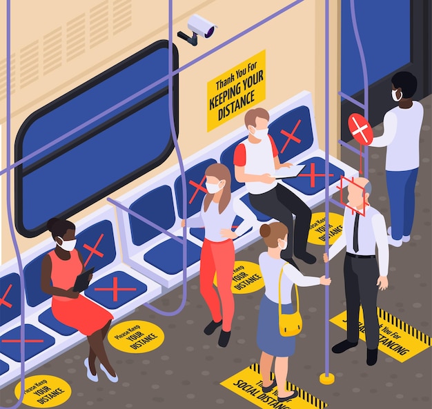 Social distancing in transport  isometric background with marking on floor and seats isometric background