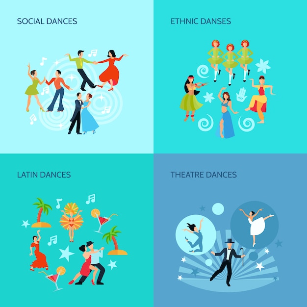 Social ethnic latin and theatre dances flat style 4 posters concept