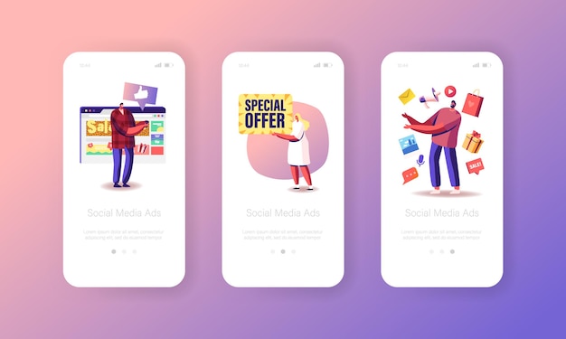 Social media ad, sale, special offer mobile app page onboard screen template