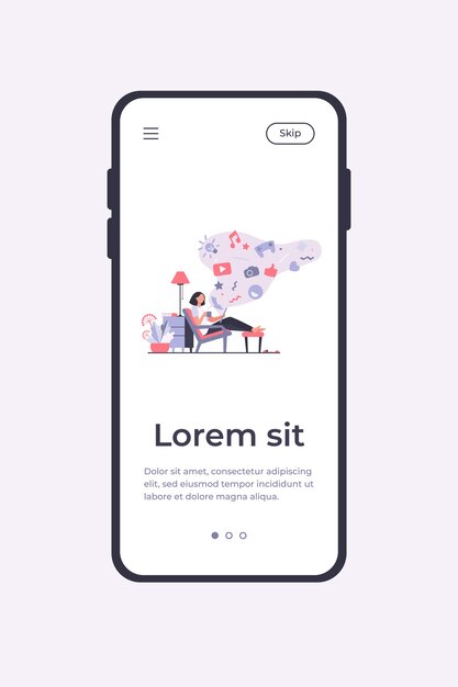 소셜 미디어 중독 된 여자. 집에서 휴식을 취하고 웹 서핑을 위해 태블릿 컴퓨터를 사용하고 온라인 게임을하는 만화 캐릭터. 벡터 일러스트 레이 션 모바일 앱 템플릿