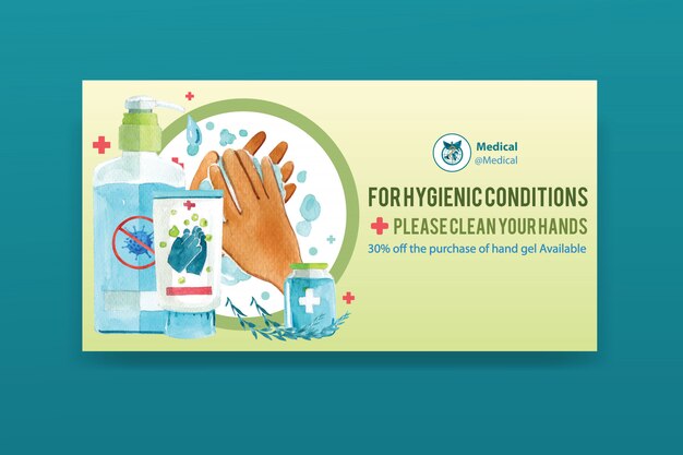 social media banner decorated with washing gel, hands watercolor illustration.