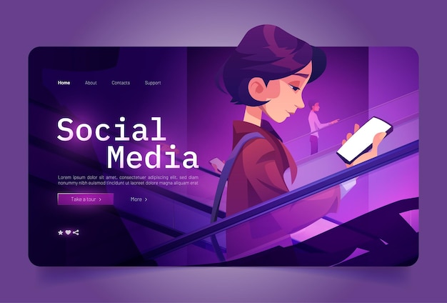 Free vector social media cartoon landing page, woman with smartphone on escalator in mall. moving staircase, automatic ladder carrying people up and down girl with phone on elevator, cartoon vector web banner