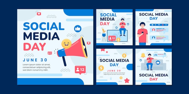 Social Media Day Flat IG Post Collection – Free Vector Templates | Download for Vector, Free to Download, Free Illustration