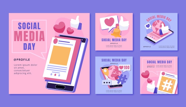 Free vector social media day hand drawn flat instagram post collection