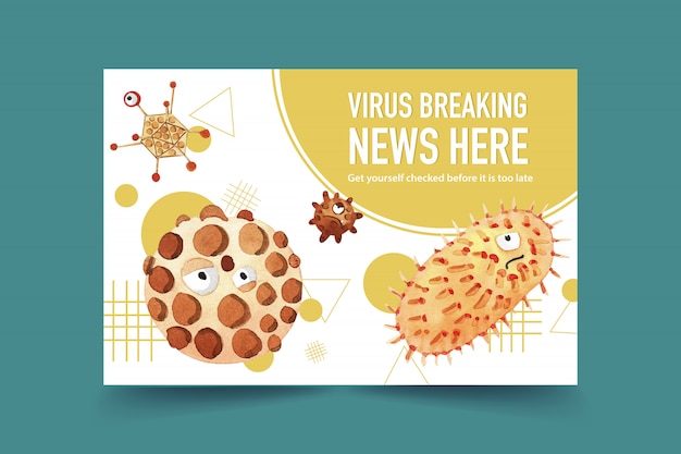 Социальные медиа украшают акварельной живописью гриппа, иллюстрации бактерий.