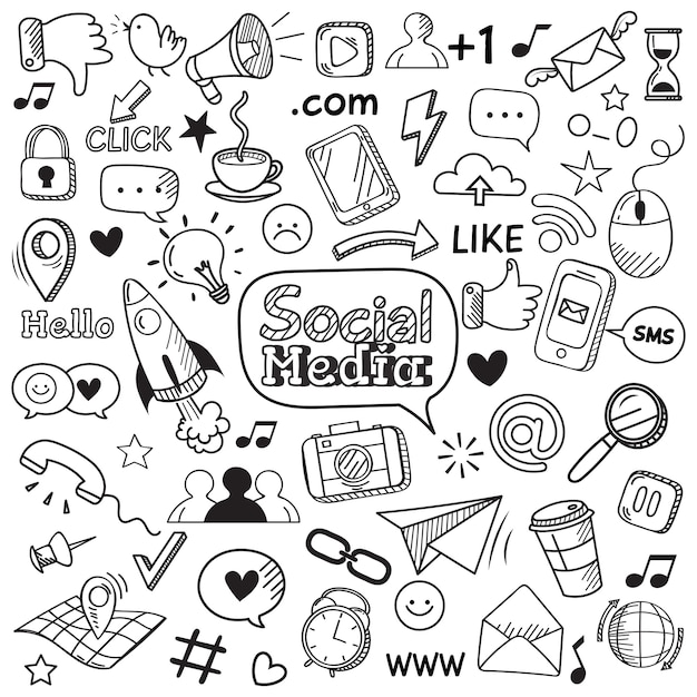 Social media doodle. internet website doodles, social network communication and online web hand drawn  icons set