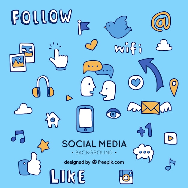 Social media elements background in hand drawn style