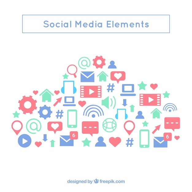 Free vector social media elements in a cloud shape in flat style