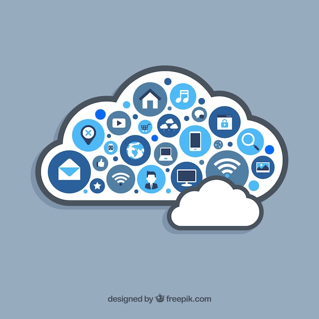 Social media elements in a cloud shape in flat style