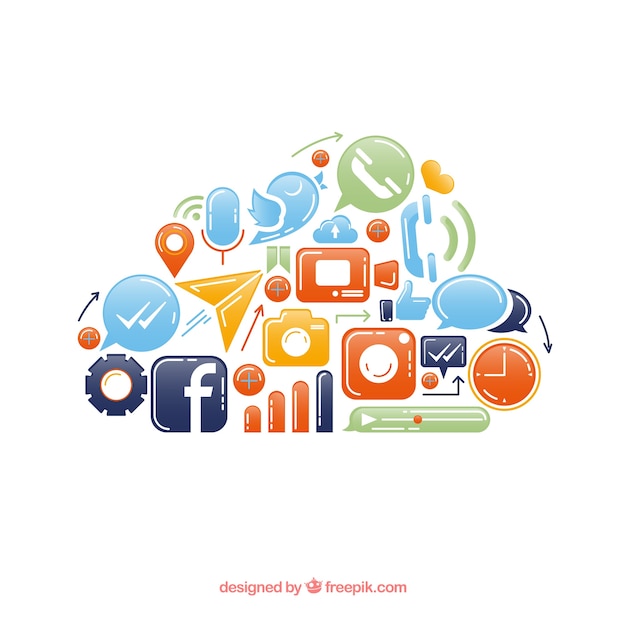 Free vector social media elements in a cloud shape in flat style