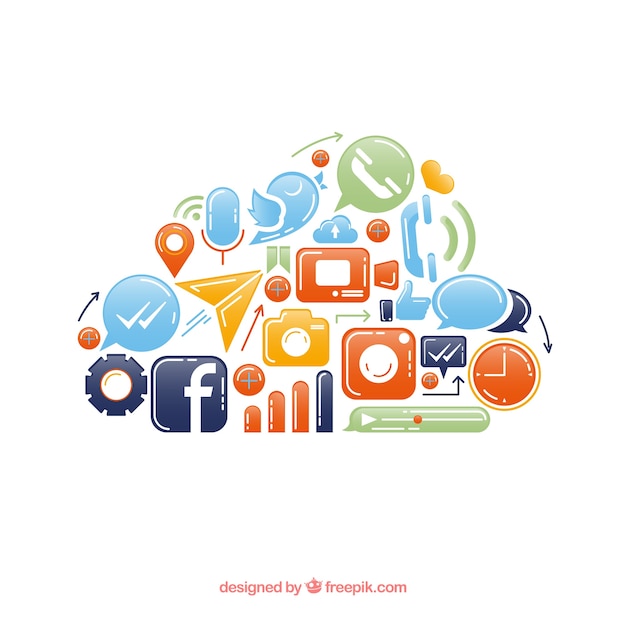 Social media elements in a cloud shape in flat style