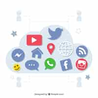 Free vector social media elements in a cloud shape in flat style