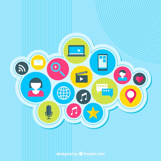 Free vector social media elements in a cloud shape in flat style