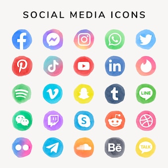 Social media icons vector set watercolor with facebook, instagram, twitter, tiktok, youtube etc