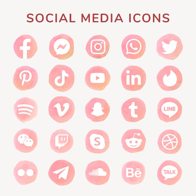 Social media icons vector set watercolor with facebook, instagram, twitter, tiktok, youtube etc
